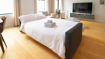 1 bedroom, memory foam beds, blackout drapes, iron/ironing board