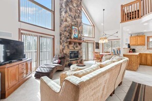 Flat-screen TV, fireplace, books, offices