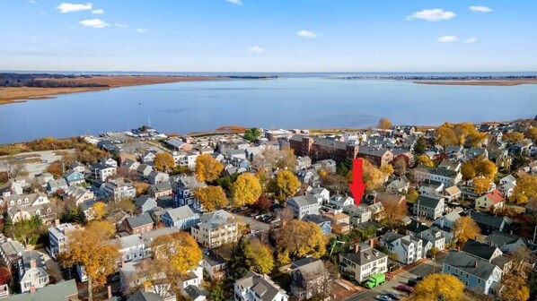An aerial view of a residential area with houses, a large body of water, and a bridge in the distance.