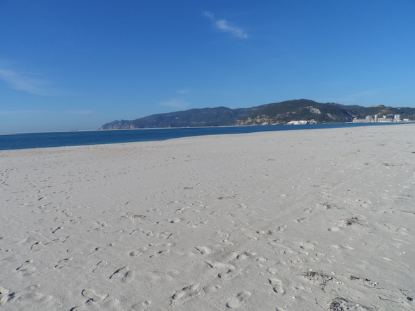 Una amplia playa arenosa con huellas, un cielo azul despejado y montañas a lo lejos.