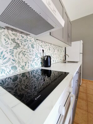 Fridge, oven, stovetop, coffee/tea maker