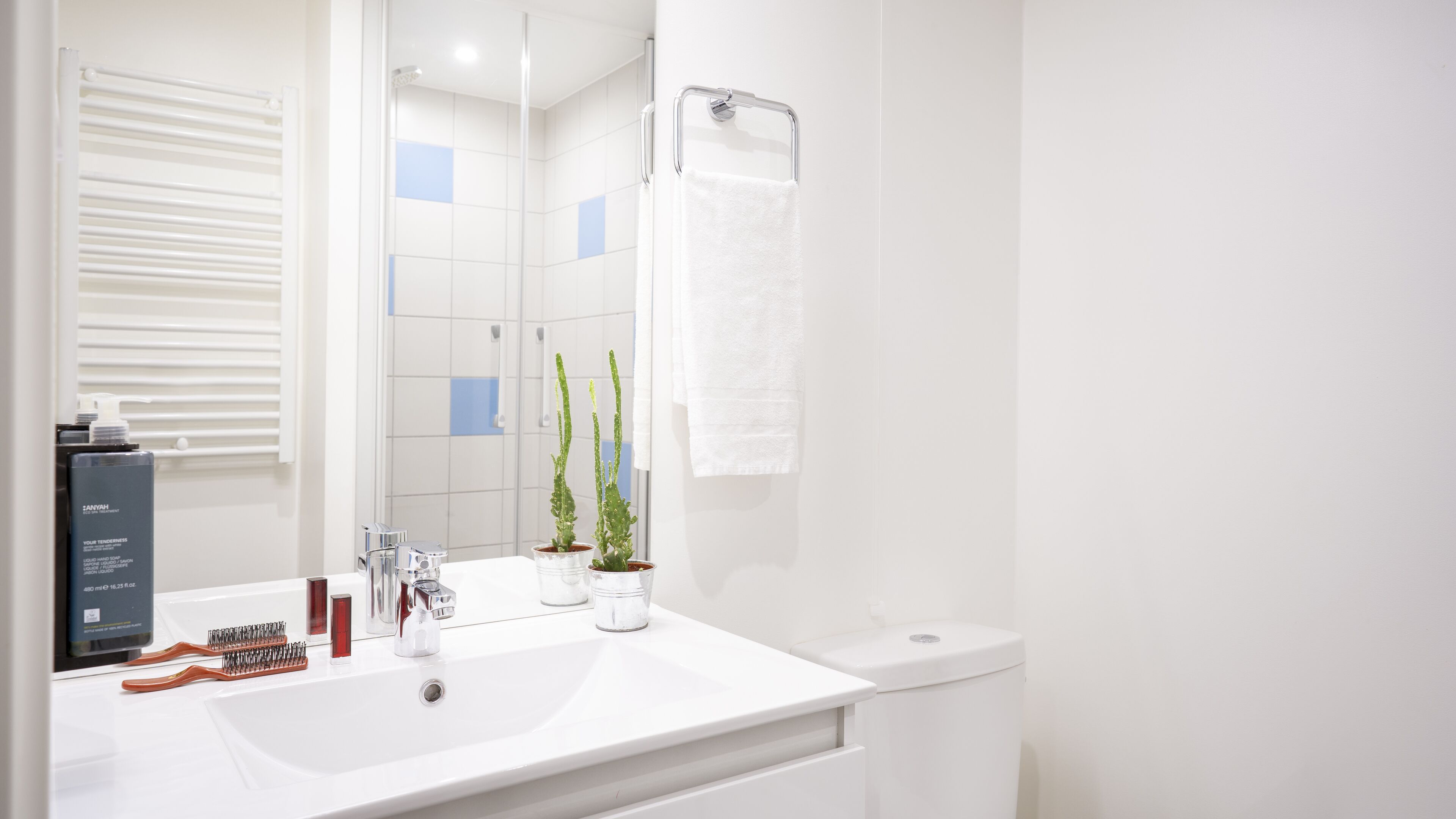 A modern bathroom with a white sink, a mirror, a towel rack, a potted plant, and toiletries.