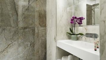 Shower, rainfall showerhead, free toiletries, hair dryer