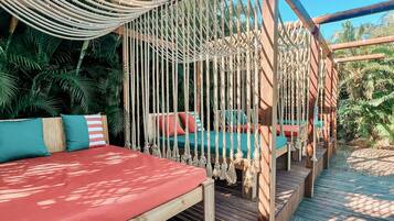 Outdoor pool, pool umbrellas, pool loungers