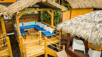 Outdoor pool, pool umbrellas, pool loungers