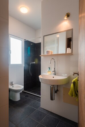 Een douche, een haardroger, een bidet, handdoeken