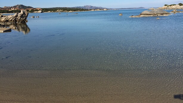 A coastal beach with clear water, rocky formations, and distant hills. - Casa Azul, Seaview terrace, private parking, pool (Golfo Aranci)