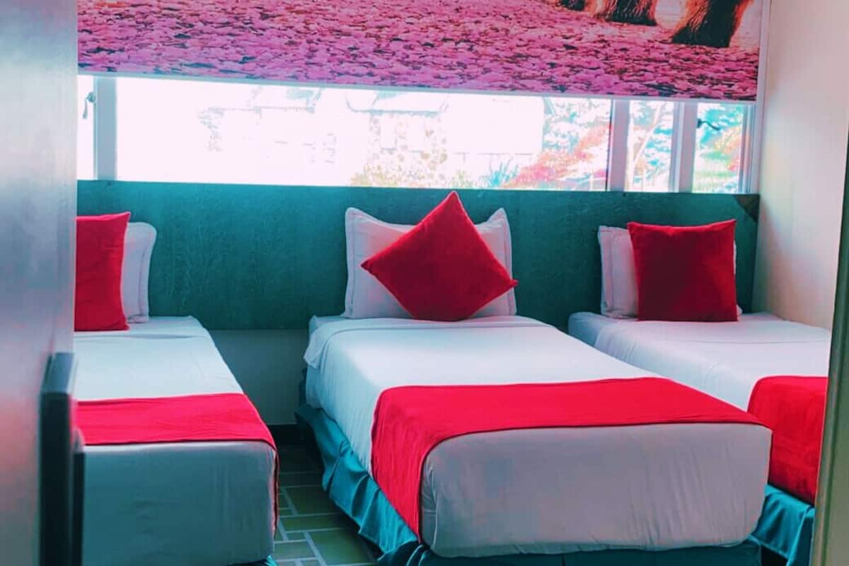 Une chambre avec deux lits, chacun agrémenté d’un oreiller rouge et d’une couvre-lit blanche. La chambre a un mur de couleur turquoise et une fenêtre donnant sur des arbres.