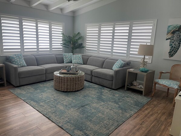 Smart TV, fireplace, books, printers