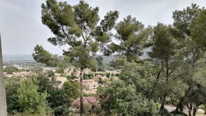 A rural landscape with a dirt path, trees, and a distant village. - Pretty villa on a hill on the edge of the forest (La Crau)