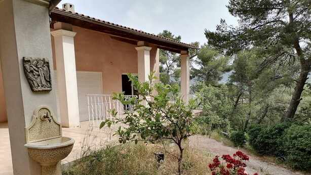 A stone fountain, a small tree, and a flower pot in a garden area with a building in the background. - Pretty villa on a hill on the edge of the forest (La Crau)