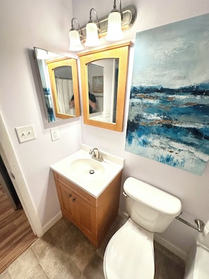Ensemble douche/baignoire, serviettes fournies, savon, papier toilette