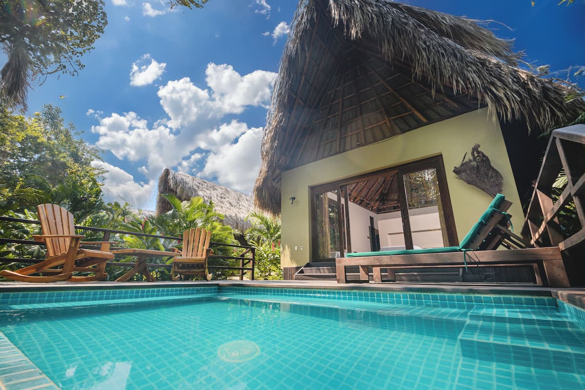 A pool area with a thatched-roof structure, wooden lounge chairs, and a clear blue sky.