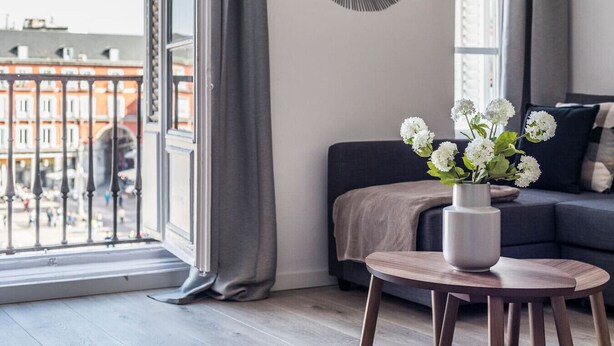A modern living room with a large window, a grey sofa, a small round table, and a vase with white flowers. - PLAZA MAYOR by MONARO***** (Madrid)