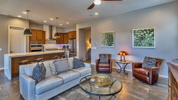 Smart TV, fireplace, DVD player, video library