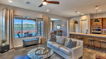 Smart TV, fireplace, DVD player, video library