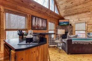 TV, fireplace - COZY 3 BD Cabin in the Woods! Hot Tub! Game Room (Sevierville)