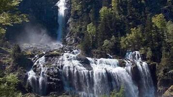 Une cascade d’eau se déversant sur des rochers, le tout étant entouré d’une forêt dense.