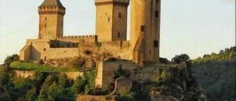 Un château doté de deux tours et surmonté d’un drapeau, entouré de verdure et adossé à une falaise.