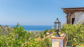 A coastal view with a lamp post, greenery, and distant buildings.