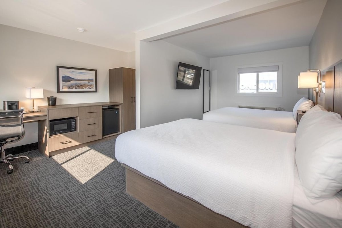 A hotel room with a bed, a desk, a microwave, a coffee maker, and a television.
