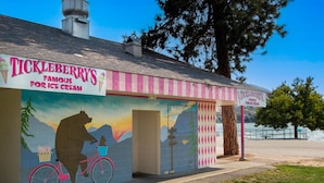 A building with a mural of a bear on a bicycle and a sign that reads "TICKLEBERRY'S FAMOUS FOR ICE CREAM".