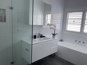 A modern bathroom with a glass shower enclosure, a white sink with a mirror above, and a bathtub.