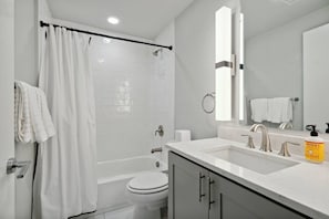 Combined shower/bathtub, hair dryer