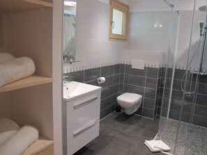 Hair dryer, towels, soap, shampoo