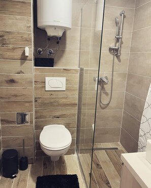 Combined shower/bathtub, hair dryer, towels, soap