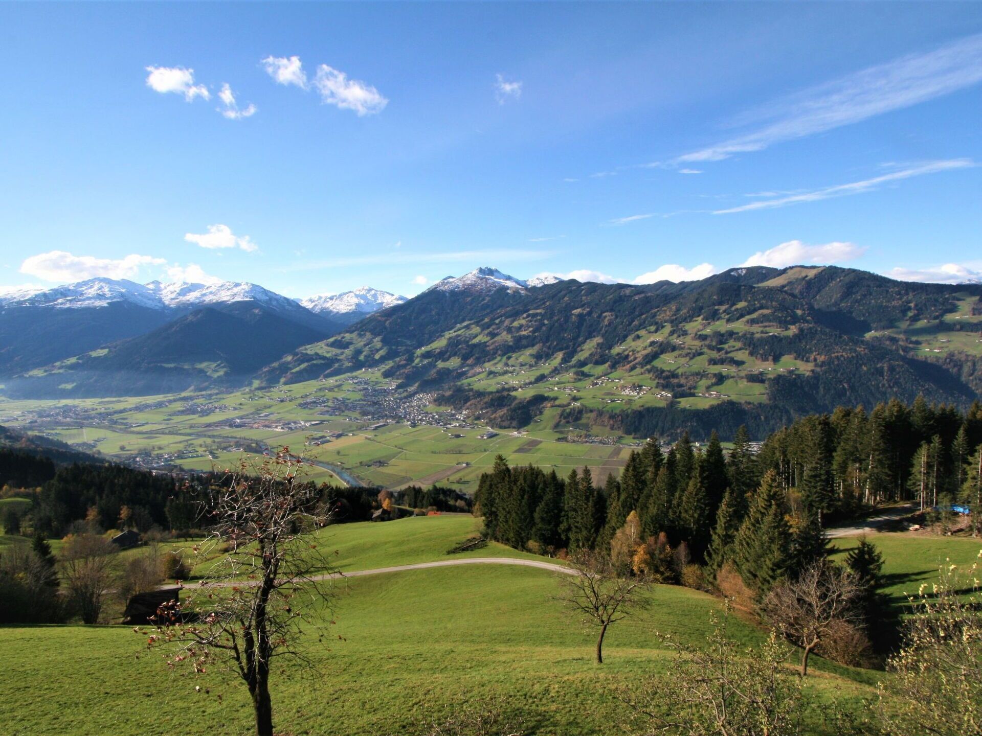 Een panoramisch uitzicht op een berglandschap met een vallei, groene velden en verspreide bomen.