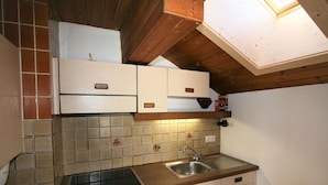 A compact kitchen with a built-in stove, a sink, and wooden cabinets. - Lovely apartment in villa for 10 guests with WIFI, TV, balcony and pets allowed (Hart Im Zillertal)