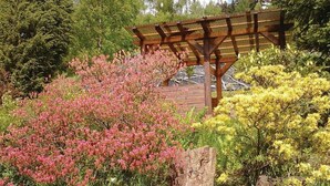 Une structure de pergola en bois, entourée d’une végétation luxuriante et de buissons en fleurs.