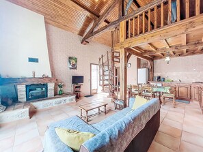 Una televisión, una chimenea, un reproductor de DVD