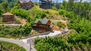 A hillside property with multiple wooden cabins, a winding driveway, and lush greenery.