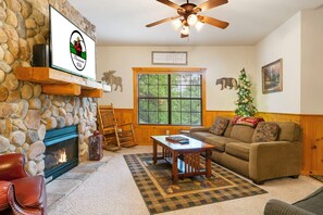 Una Smart TV, una chimenea, un reproductor de DVD