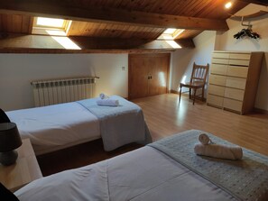Cozy attic bedroom with two single beds, a wardrobe, and a skylight.