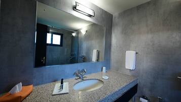 A modern bathroom with a granite countertop, a large mirror, a sink, a towel rack, and a shower area.