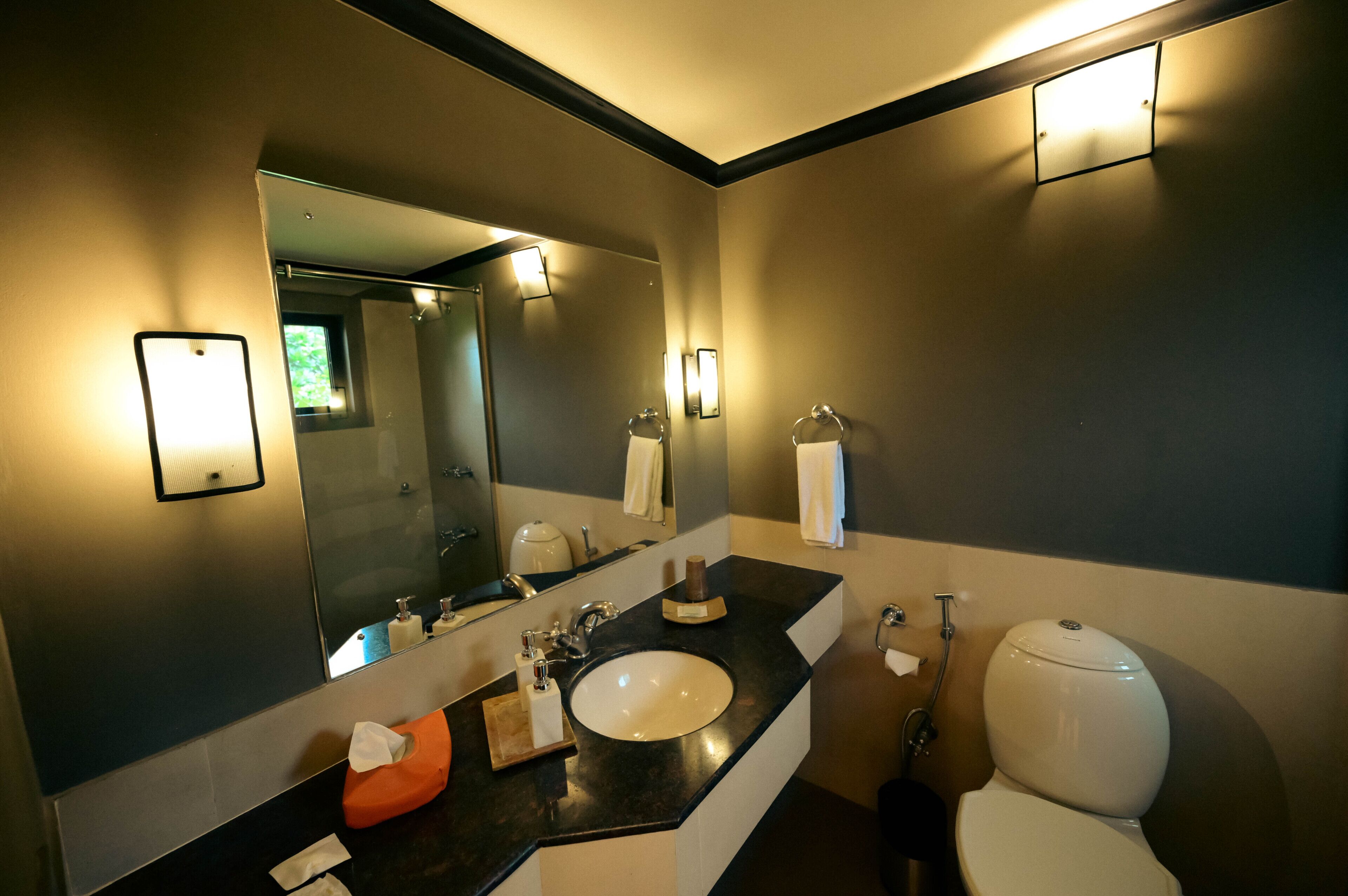 A modern bathroom with a large mirror, a sink, a toilet, and a shower.