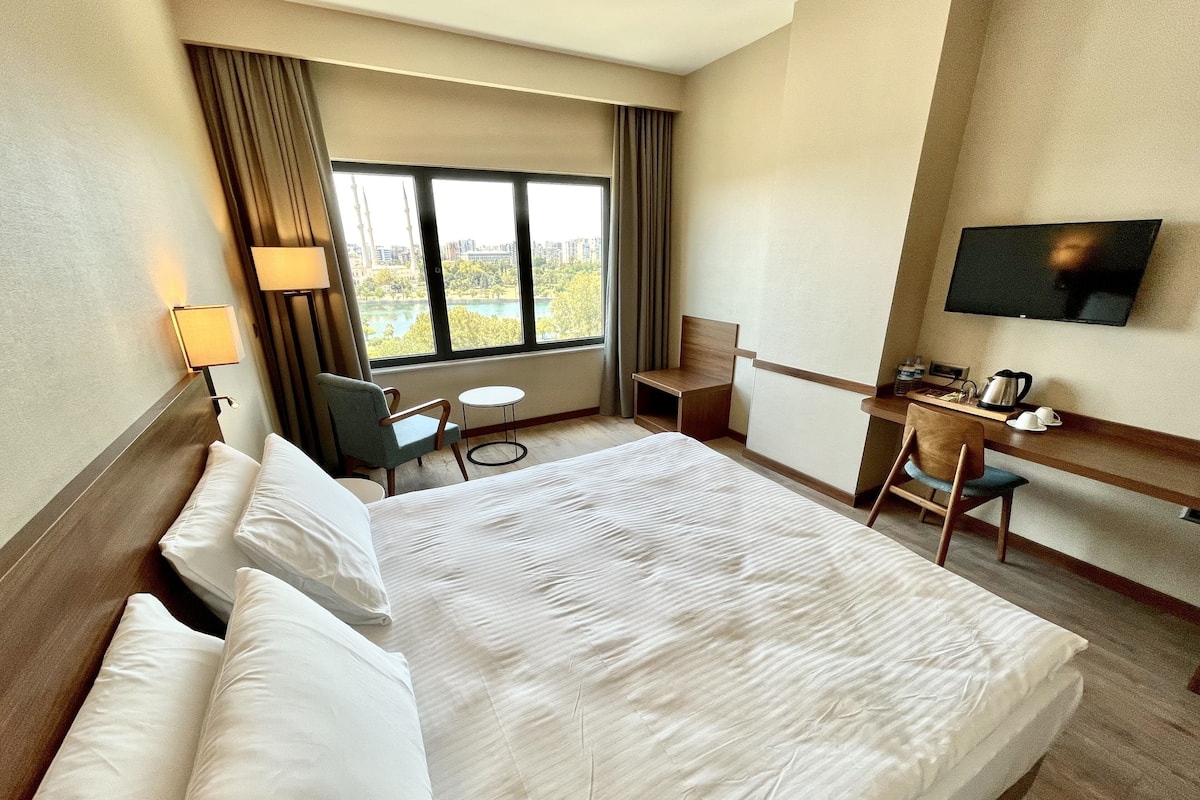A hotel room with a large bed, a desk, a chair, a TV, and a window with a view of buildings and trees.