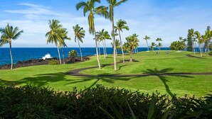 Een golfbaan met uitzicht op de oceaan en palmbomen.