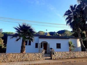 A white building with a stone wall, a tiled roof, and a palm tree in front.