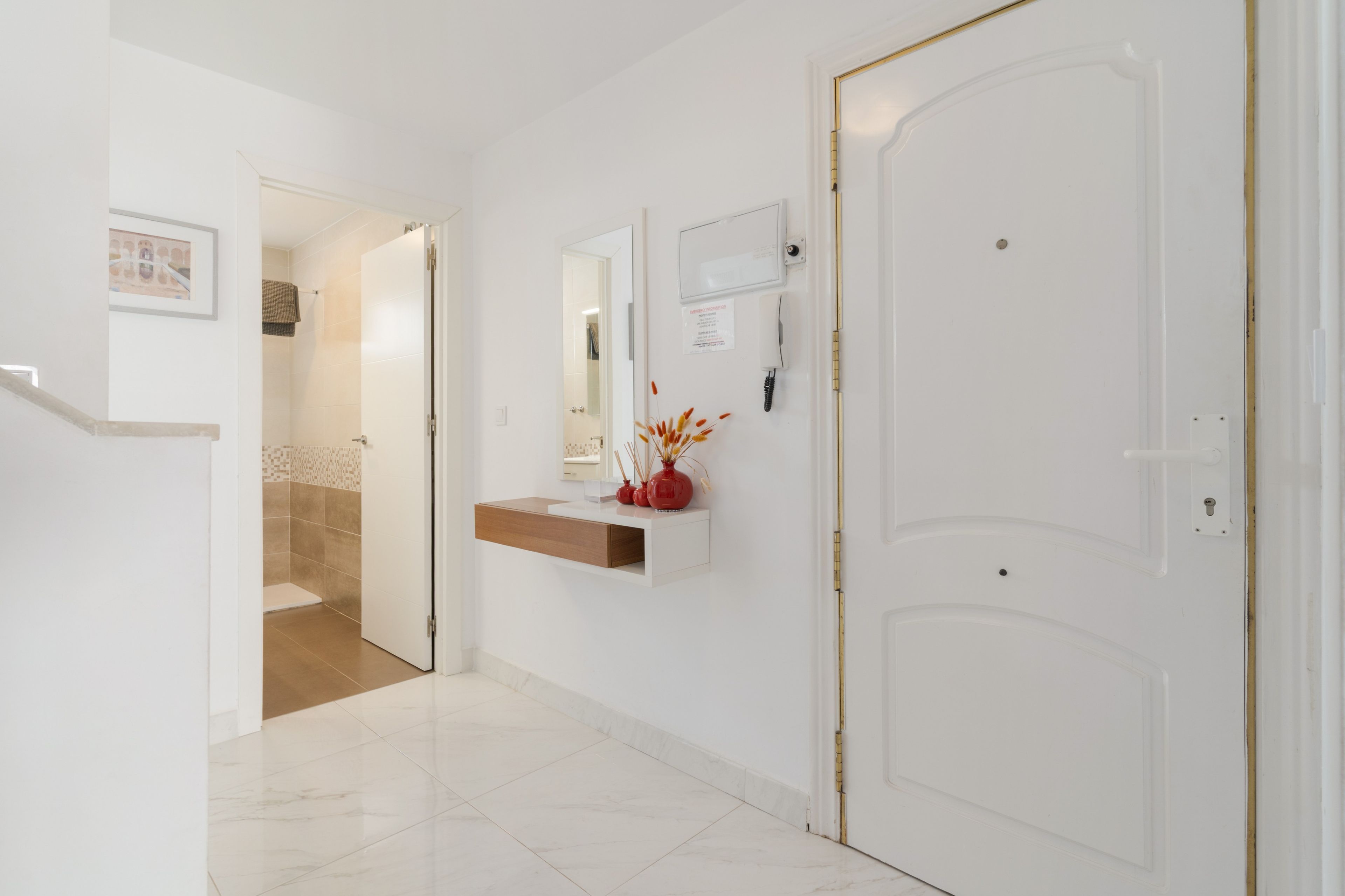 Un pasillo con una puerta blanca, un espejo, un teléfono y una pequeña estantería con adornos.