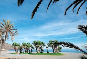 A beach with palm trees and a clear sky. - Holiday Apartment "Casa Chana" with Terrace, Shared Pool and Jacuzzi (Almunecar)