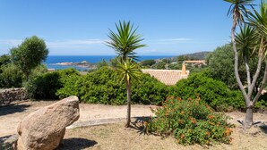 Eine Landschaft mit freiem Blick auf das Meer, einer Steinstruktur und vielfältiger Vegetation, darunter Palmen und Sträucher.