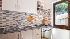 Eine moderne Küche mit Spüle, Herd, Backofen und Holzschränken.