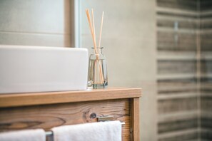 Douche, séchoir à cheveux, serviettes fournies