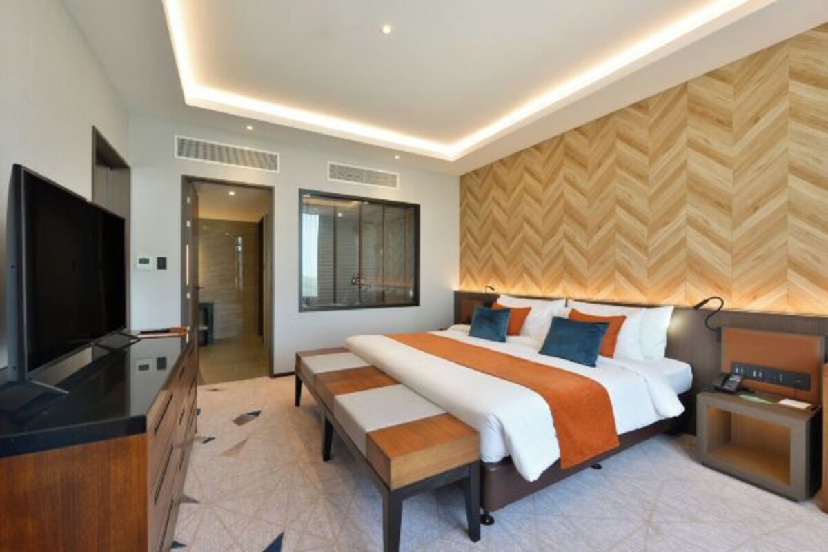 Una habitación de hotel moderna con una cama grande, un televisor, un escritorio y un vestidor.