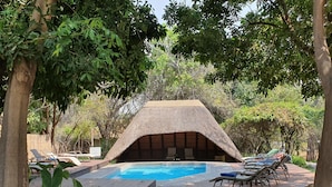 Un espace piscine doté d’une structure à toit de chaume, entouré d’une terrasse en bois et de chaises longues.