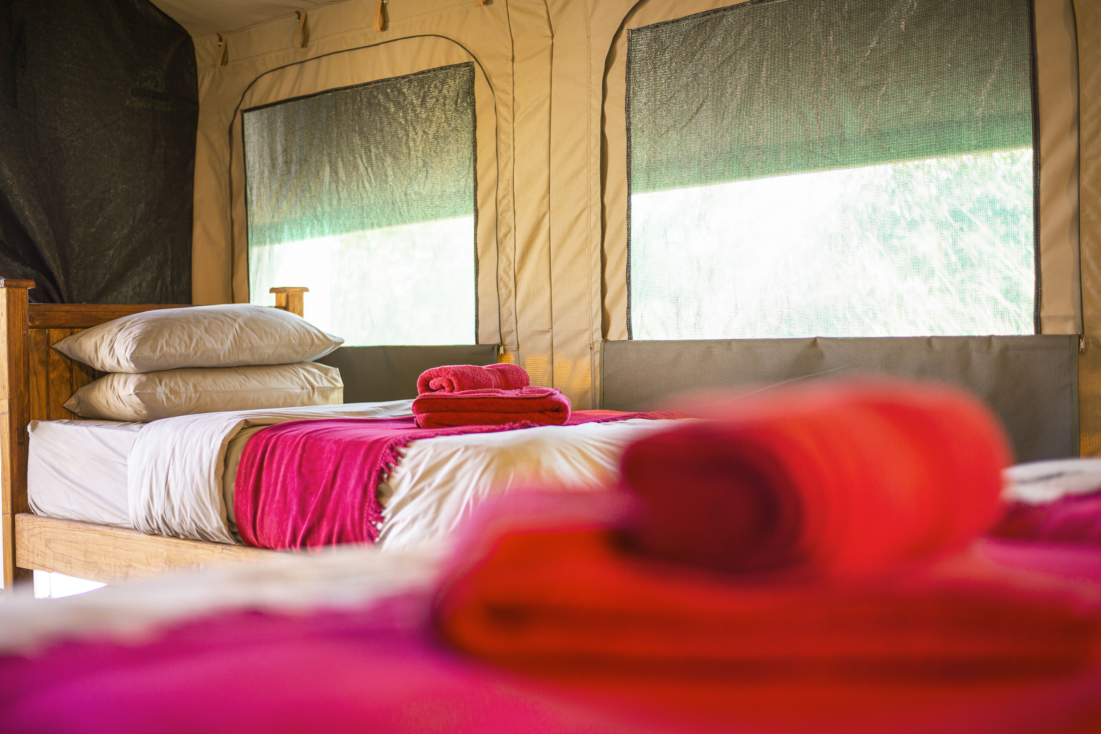 Een tent met een bed, kussens en een opgerolde rode deken.